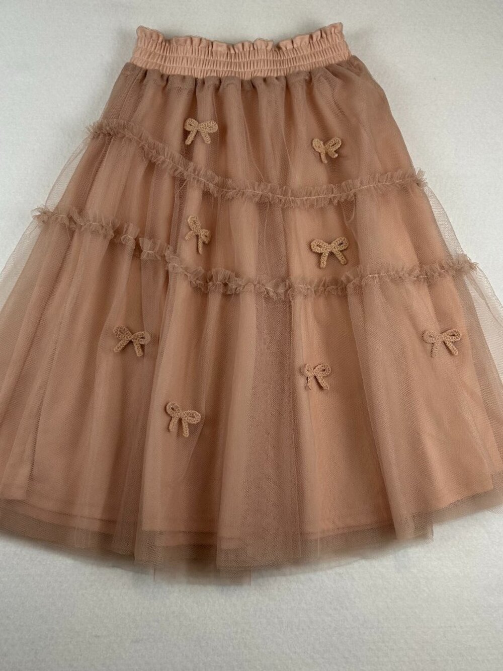 Kidichic | Girls Pink Mauve Layered Tulle Mesh Midi Skirt Decoratinve Bows, 16